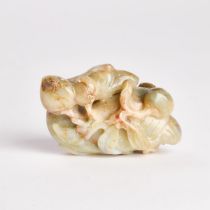 A Celadon and Russet Jade Figure of a Duck Holding Lotus, 19th Century, 清 十九世纪 青玉雕'宝鸭衔莲', length 2.5