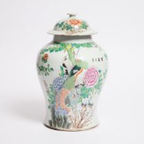 A Famille Rose 'Peacock' Jar and Cover, Republican Period (1912-1949), 民国 粉彩孔雀纹大盖罐, height 15.7 in —