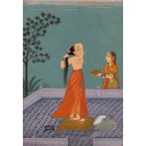 A Painting of a Woman Bathing on a Veranda, Bundi, India, 19th Century, frame 12.8 x 10.3 in — 32.5