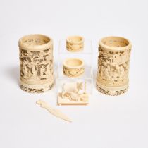 Two Canton Export Ivory Reticulated Brush Pots, Together With Four Miscellaneous Ivory Carvings, 19t