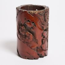 A Carved Bamboo 'Figural' Brush Pot, Signed Sansong, 三松款 竹雕'松下高仕图'笔筒, height 5.2 in — 13.3 cm