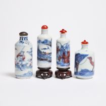 Four Copper-Red Blue and White Snuff Bottles, 18th-19th Century, 清 十八至十九世纪 青花釉里红烟壶一组四件, tallest bott