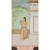 A Painting of a Lady with a Bird, Provincial Mughal School, India, 18th/19th Century, frame height 1