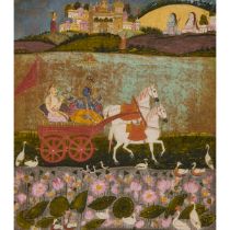 A Painting of Krishna and Arjuna Riding a Horse-drawn Chariot, 19th Century, sheet 9.4 x 8 in — 24 x