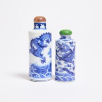 Two Blue and White Porcelain 'Dragon' Snuff Bottles, 18th-19th Century, 清 十八至十九世纪 青花龙纹烟壶一组两件, talles