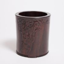 A Carved Zitan Brush Pot, 19th Century, 清 十九世纪 紫檀诗文笔筒, height 5.3 in — 13.4 cm, diameter 4.7 in — 12