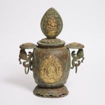 A Large Parcel-Gilt Bronze Vessel and Cover, 19th Century or Earlier, overall height 18.1 in — 46 cm