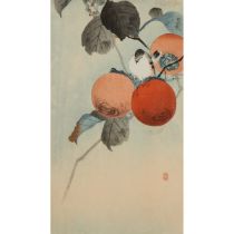 Ohara Koson (Shoson, 1877-1945), Nuthatch and Persimmon, hosoban 12.4 x 7.2 in — 31.6 x 18.3 cm