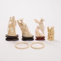 Three Ivory Figures of Fisherman, Together With a Pair of Ivory Bangles and an Ivorine Figure, Repub