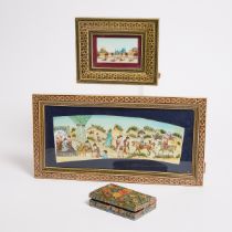 Two Indo-Persian Miniature Paintings on Ivory, Circa 1910, Together With a Painted Wood Box, largest