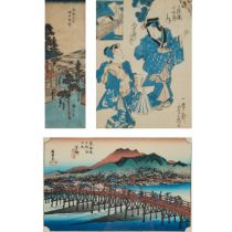 Utagawa Hiroshige (1797-1858) and Yoshitsuru (active 1840-1850), Three Woodblock Prints, largest fra