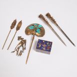 Six Chinese Gilt-Silver Hairpins and Ornaments, Qing Dynasty, Together With a Miniature Cloisonné Bo