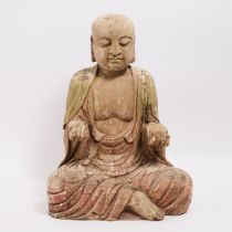 A Large Wood Figure of a Monk, 大型木雕地藏菩萨坐像, height 33.5 in — 85 cm