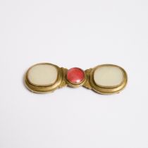 A White Jade Inset Two-Part Brass Belt Buckle, 19th Century, 晚清 黄铜嵌白玉带扣, length 3.9 in — 10 cm (2 Pi