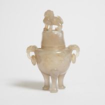 An Agate Tripod Censer and Cover, 19th Century, 清 十九世纪 玛瑙狮钮活环三足炉, height 6.7 in — 17 cm