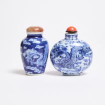 Two Blue and White Porcelain 'Dragon' Snuff Bottles, 19th Century, 清 十九世纪 青花龙纹烟壶一组两件, tallest height