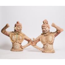 A Pair of Large Painted and Gilded Pottery Torsos of Lokapala, Tang Dynasty (618-907), 唐 大型描金彩陶天王俑半身