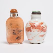 An Iron-Red Decorated 'Phoenix' Snuff Bottle, Together With an Inside-Painted Glass Snuff Bottle, 19