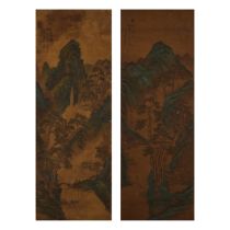 After Wen Peng (1498-1573), Two Landscape Paintings, 文彭(1498-1573)款 山水 设色绢本 立轴 一组两张, image 37.4 x 13