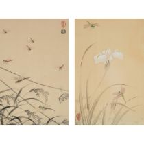 Takeshita Kin-U (active 1870-1920), Two Woodblock Prints of Dragonflies, Circa 1950, frame 19.9 x 12