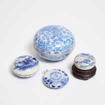 Three Blue and White Porcelain Seal Paste Boxes, Together With a Bird Feeder, 18th-19th Century, 清 十