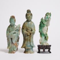 A Group of Three Jadeite Figures of Ladies, Late Qing/Republican Period, 晚清/民国 翡翠雕仕女一组三件, tallest he