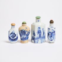 Four Blue and White Porcelain 'Figural' Snuff Bottles, 19th Century, 清 十九世纪 青花人物故事纹烟壶一组共四件, tallest