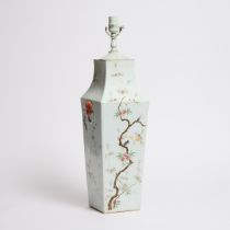 A Famille Rose Square Vase Mounted as a Lamp, 19th Century, 清 十九世纪 粉彩花鸟纹方瓶, overall height 26.8 in —