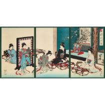 Toyohara (Yoshu) Chikanobu (1838-1912), New Year's Dishes, Circa 1890, frame 23.8 x 38 in — 60.5 x 9