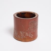 A Carved Bamboo 'Floral' Brush Pot, Signed Zhitian, Dated 1769, 清 乾隆时期 竹雕花卉纹笔筒, height 3.1 in — 7.9