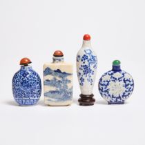 Four Blue and White and Enameled Porcelain Snuff Bottles, 19th Century, 清 十九世纪 青花彩瓷烟壶一组共四件, tallest