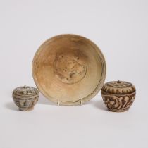 A Large Thai Sawankhalok Stoneware 'Fish' Bowl, Together With Two Covered Boxes, 14th-16th Century,