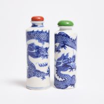 Two Blue and White Porcelain 'Dragon' Snuff Bottles, Circa 1790-1860, 清 约1790-1860年 青花龙纹烟壶一组两件, tall