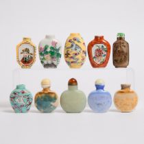 A Group of Ten Porcelain, Glass, and Hardstone Snuff Bottles, 19th-20th Century, 十九及二十世纪 各类烟壶一组共十件,