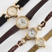 Four Lady's Gold-Cased Wristwatches, comprising a Bulova, 17 jewel, 9k case, working; a Wittnauer, 1