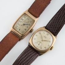 Two Swiss Wristwatches, the first an unnamed watch, 21mm, 15 jewel, in a 9k gold tonneau-shaped case