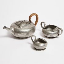 English Art Nouveau Pewter Tea Service, early 20th century, height 4.5 in — 11.4 cm (3 Pieces)