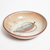 Canadian School Studio Pottery, Large Bowl with Leaf Decoration, mid-20th century, diameter 14.8 in