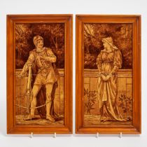 Two English Arts & Crafts Framed Tile Panels of a Knight and Lady, c.1880, overall height 13.9 in —