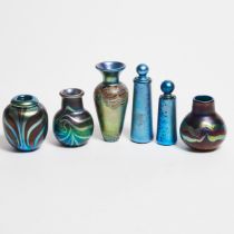 Four Peiser Studio Iridescent Glass Miniature Vases and Two Scent Bottles, 1974-77, height 4.1 in —