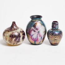 Three Small Iridescent Studio Glass Vases, Karl Shantz, John Simpson, 1976-78, largest height 3.7 in