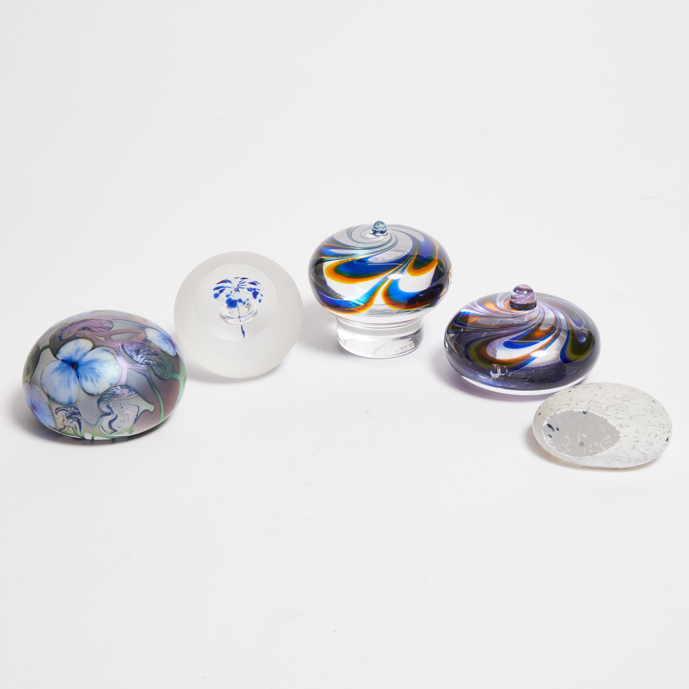 Five Glass Paperweights, Ann Wärff for Kosta Boda, Charles Lotton, Turnmill Studios, 1970s, largest