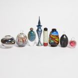Group of Studio Glass Scent Bottles and Three Vases, Christopher Ries, Leon Applebaum, Kurt Wallstab
