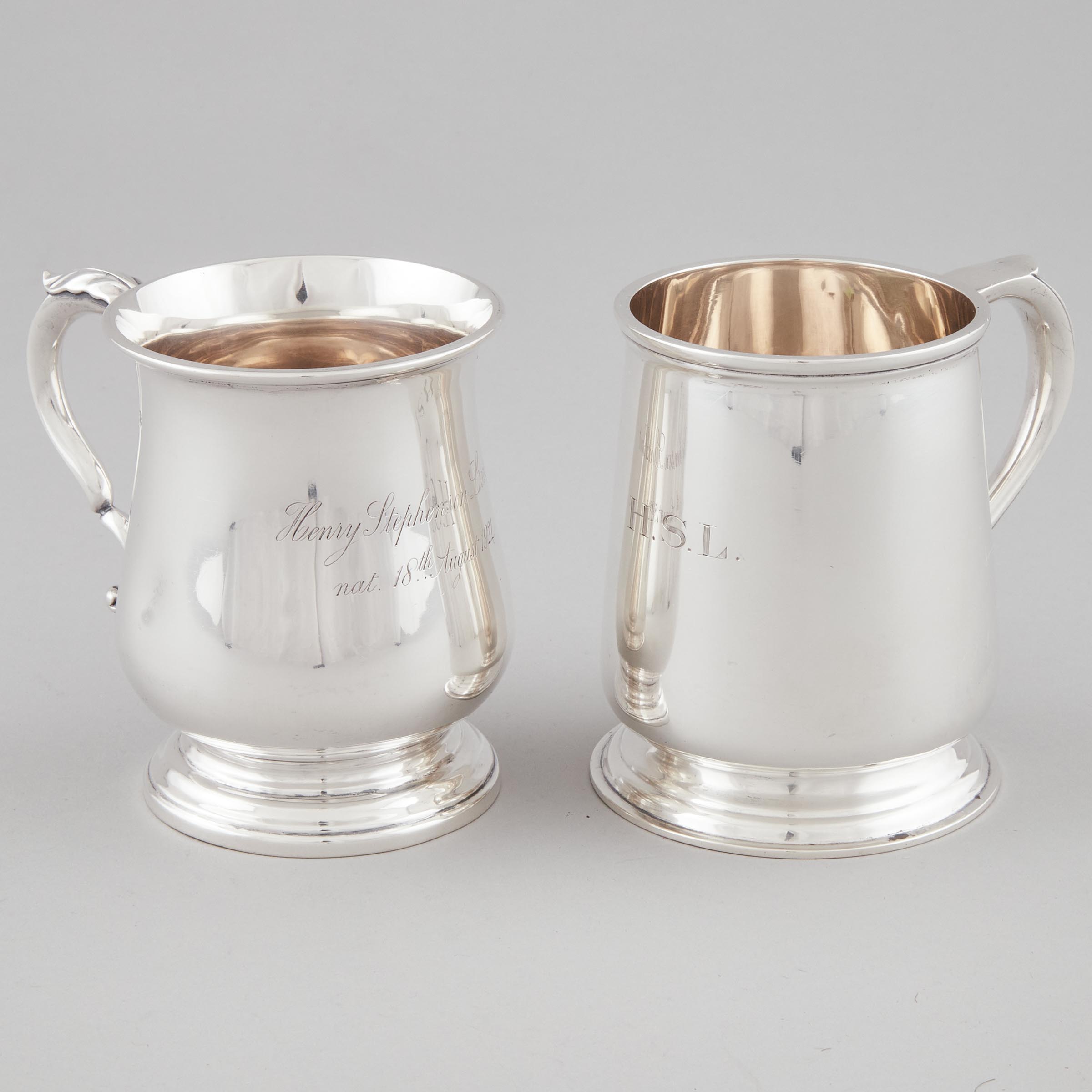 Two English Silver Mugs, Sibray, Hall & Co. and Reid & Sons, Sheffield, 1919/30, height 3.9 in — 9.8