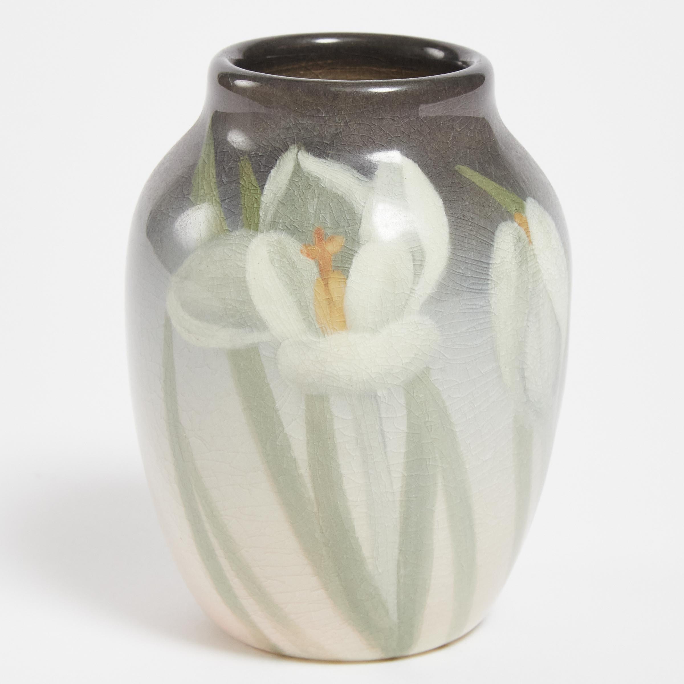 Rookwood Iris Glazed Crocus Vase, Clara Christina Lindeman, 1904, height 3.5 in — 8.8 cm