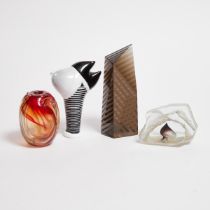 Four Studio Glass Sculptures and a Vase, Michael Baylen, Andrew Kuntz, and Two Others, 1980s, larges