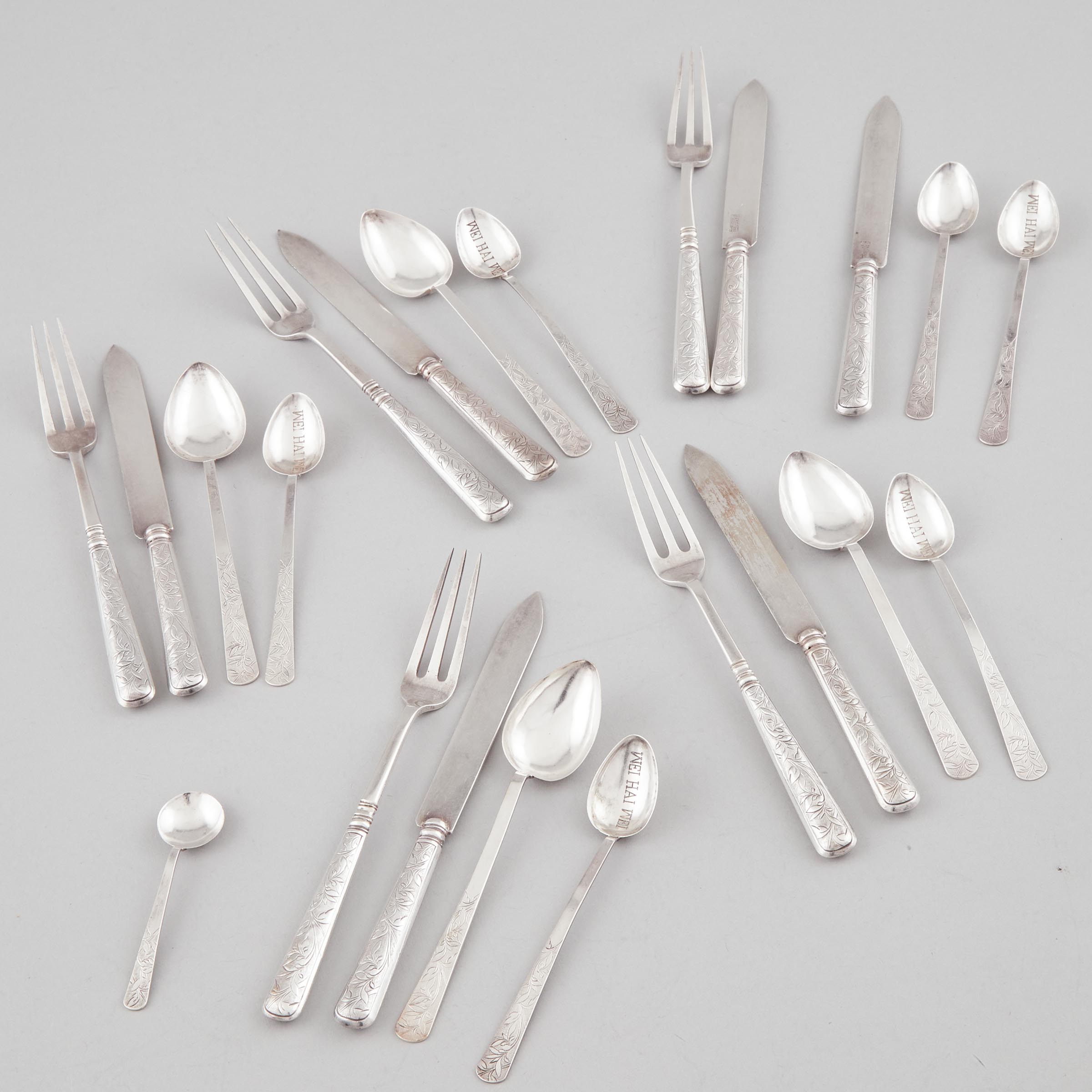 Group of Chinese Export Silver Flatware, Wen Hua Shun, Weihai, Shandong, early 20th century, largest