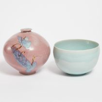 Kayo O'Young (Canadian, b.1950), Pink and Blue Glazed Covered Jar and a Celadon Bowl, 1991/2007, bow