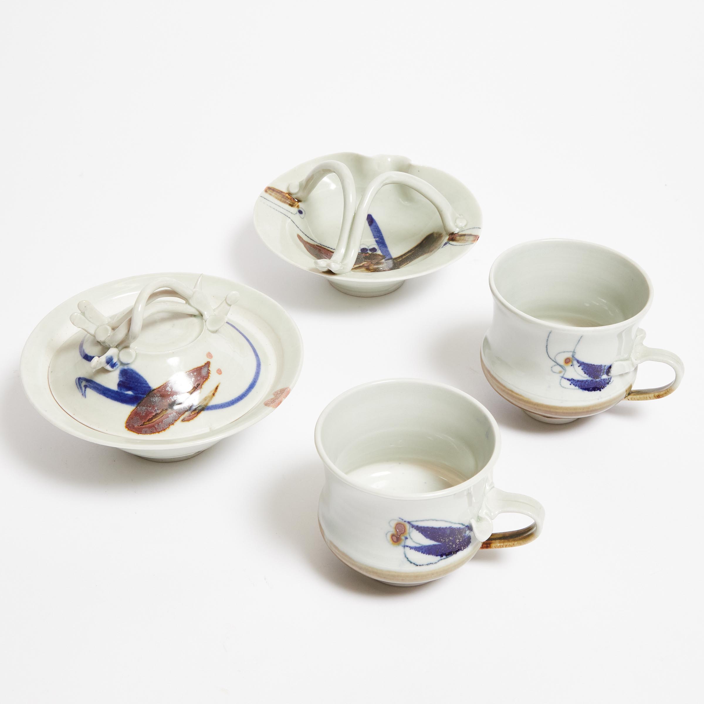 Kayo O'Young (Canadian, b.1950), Two Mugs, Covered Bowl, and a Small Dish, 1979, covered bowl diamet