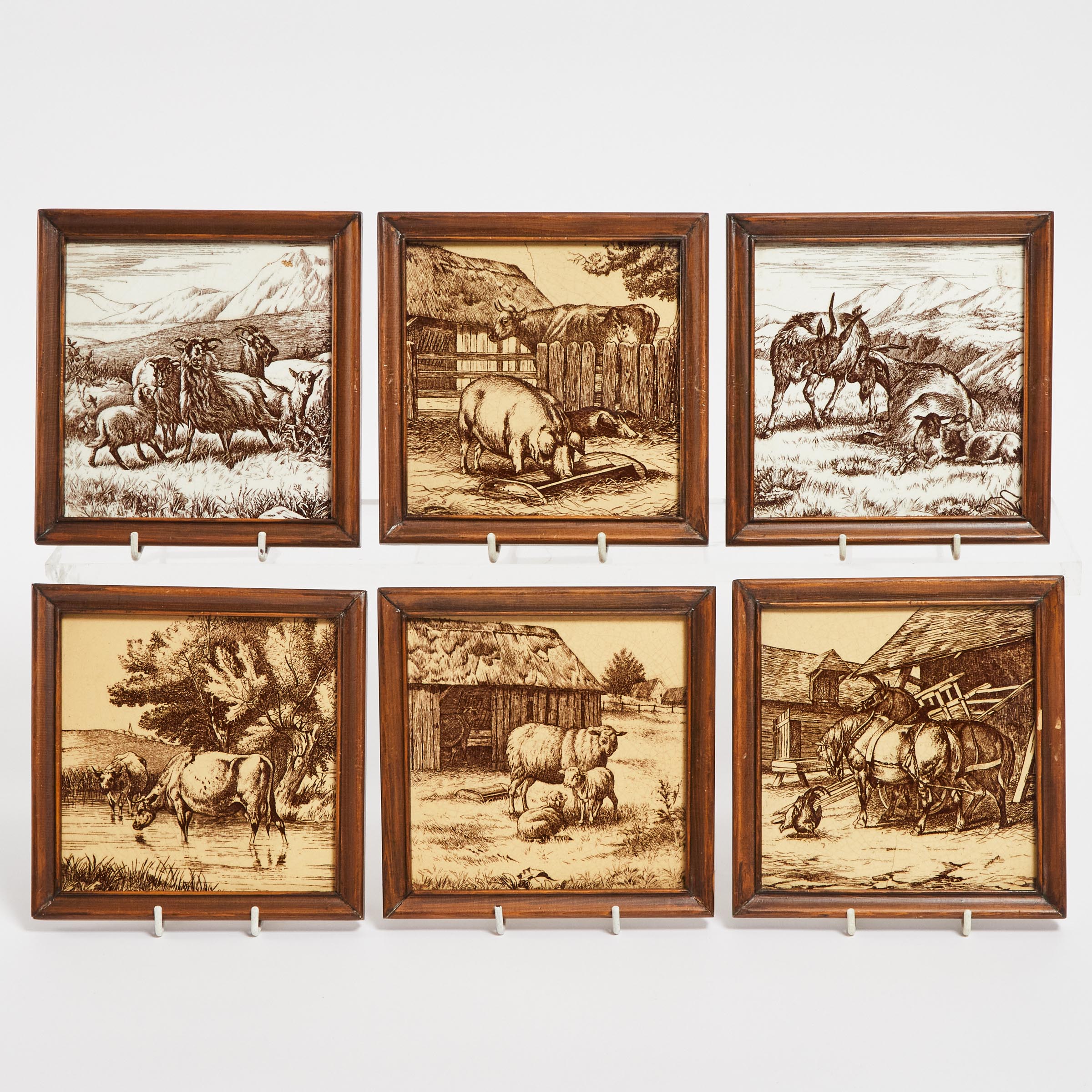 Six Framed Porcelain Tiles, Minton China Works, c.1880, height 6.8 in — 17.2 cm (6 Pieces)